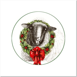 Sheep wearing a holly wreath with red bow Posters and Art